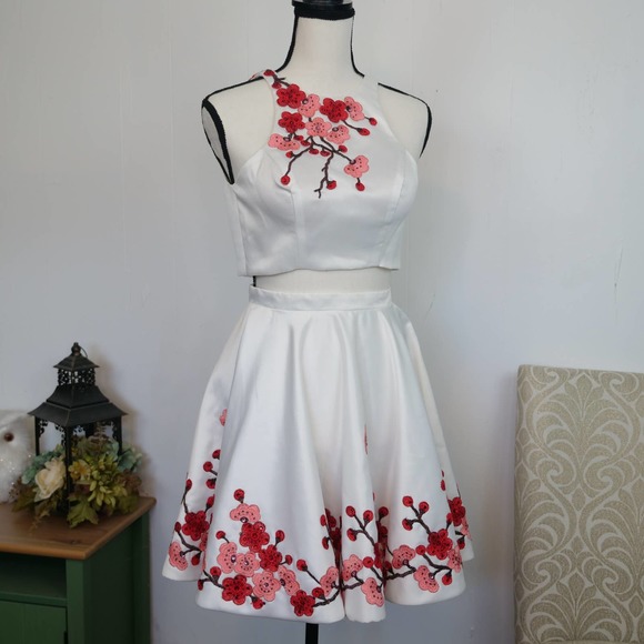 Blush Prom 2pc Skirt Set Size 0 White Red Pink Cherry Blossom Floral Embroidered - Picture 10 of 10